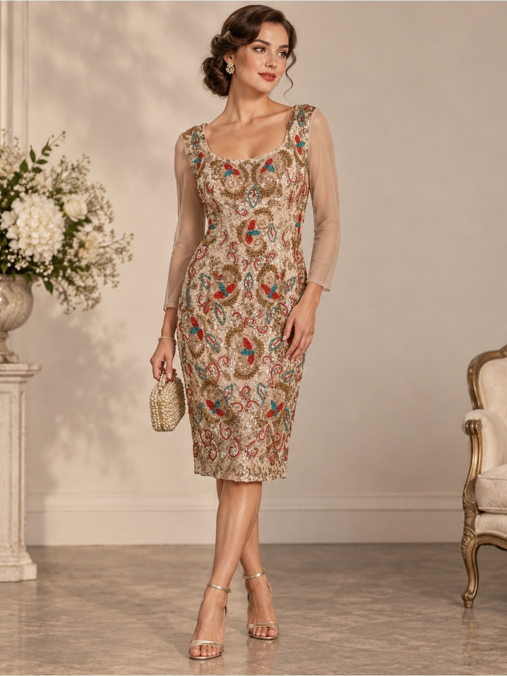 Elegant Embroidered Sheer-Sleeve Cocktail Dress in Gold